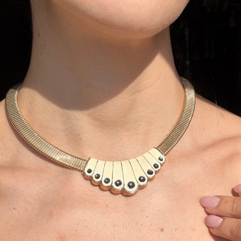 VINTAGE 80s Gold Gas Pipe Choker Enamel Fan Statement Necklace